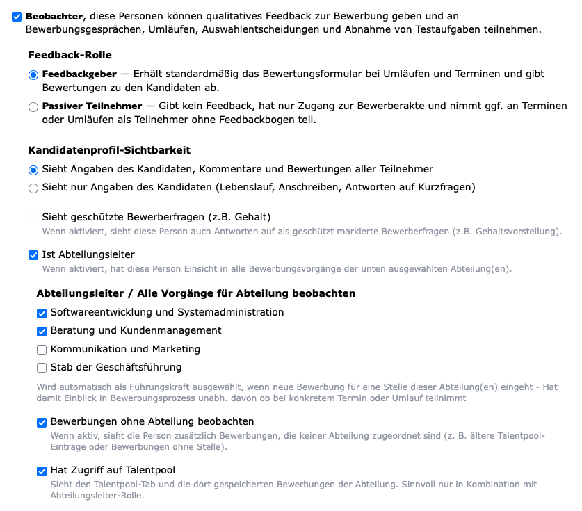 Beobachter-Optionen im Identitäts-Profil mit Feedback-Rolle, Kandidatenprofil-Sichtbarkeit, geschützten Bewerberfragen und Abteilungsleiter-Auswahl