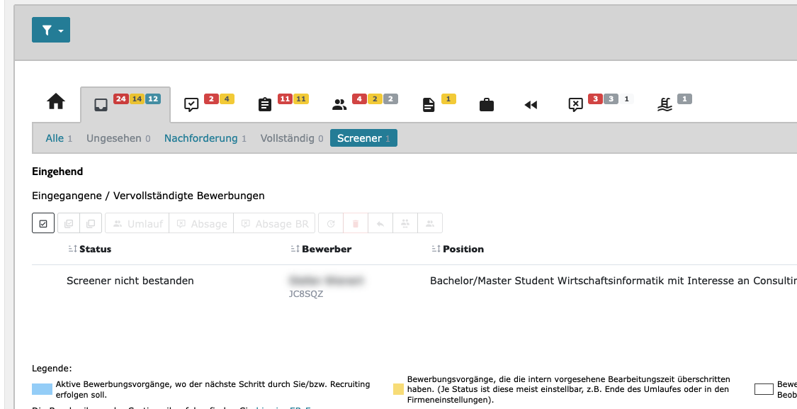 Tabellenansicht mit Screener-Untertab und weiß markierten Bewerbungen